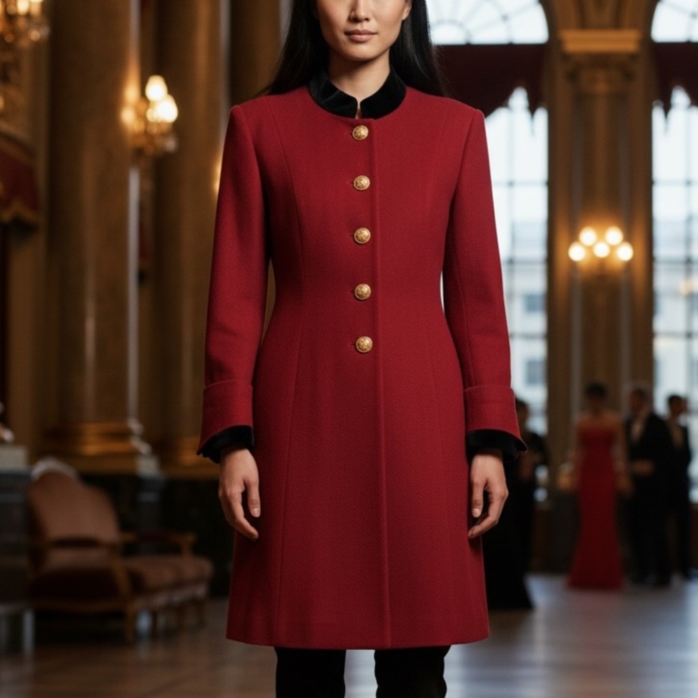 Vintage Christian Dior Red Lambs Wool Coat | Black Velvet Trim | Gold Buttons ✨